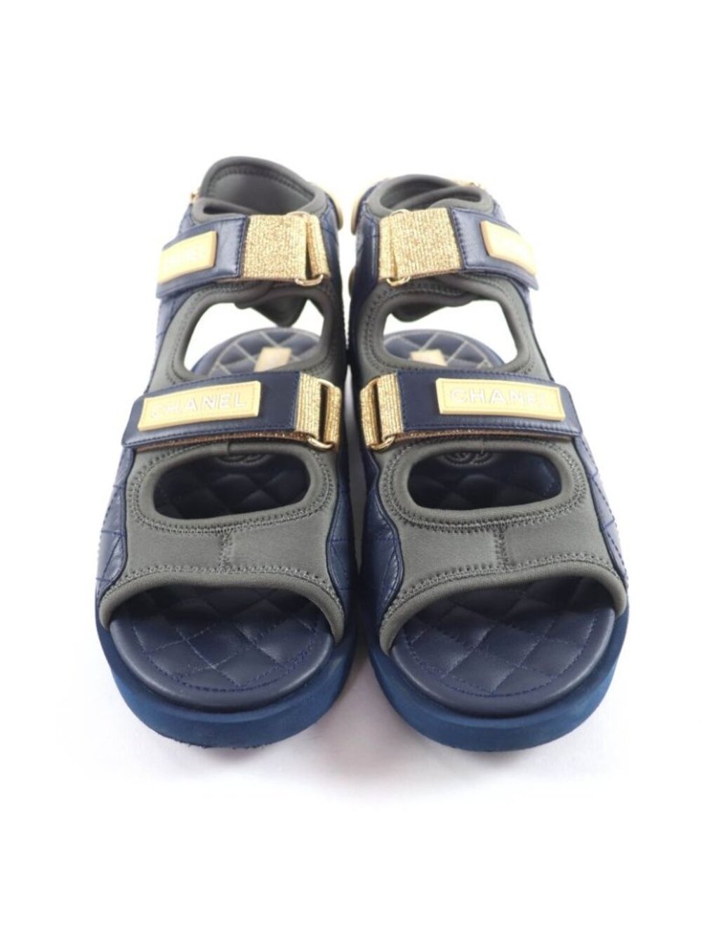 Chanel CC Logo Quilted Velcro Fabric Leather Sandals Khaki Navy 39 - Picture 4 of 16